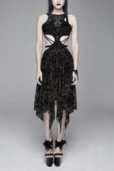 Robe gothique sans manches en maille sexy avec impression croisée de reine semi-translucide noire pour femmes